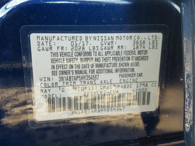 3N1AB7AP5HY254567 - 2017 NISSAN SENTRA S BLUE photo 10