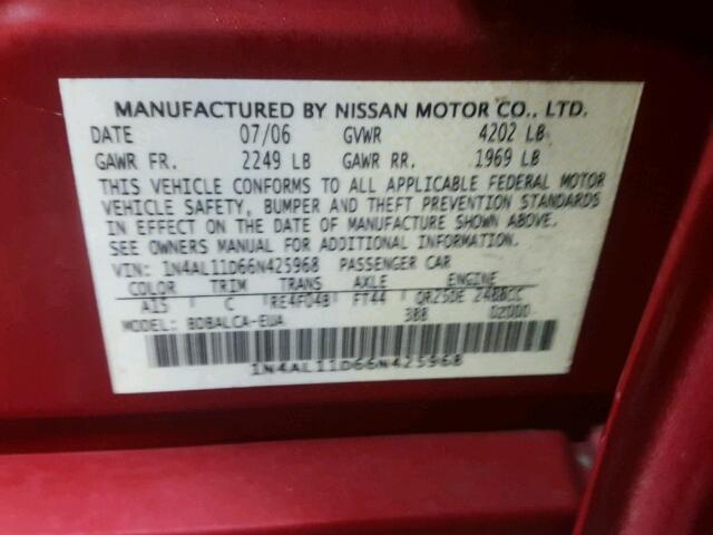 1N4AL11D66N425968 - 2006 NISSAN ALTIMA S/S RED photo 10