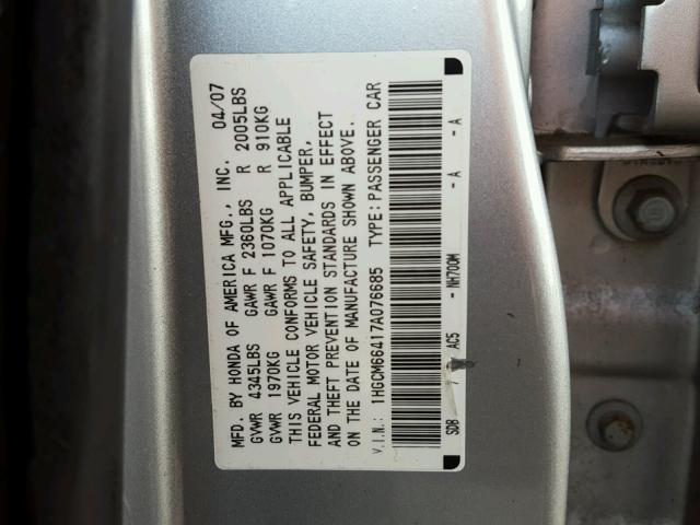 1HGCM66417A076685 - 2007 HONDA ACCORD SE SILVER photo 10