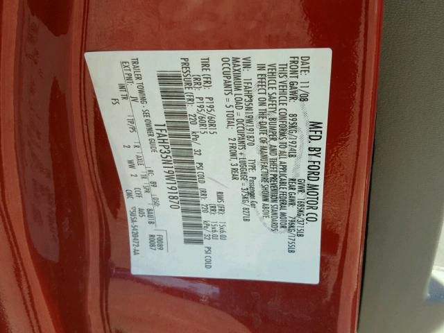 1FAHP35N19W191870 - 2009 FORD FOCUS SE RED photo 10