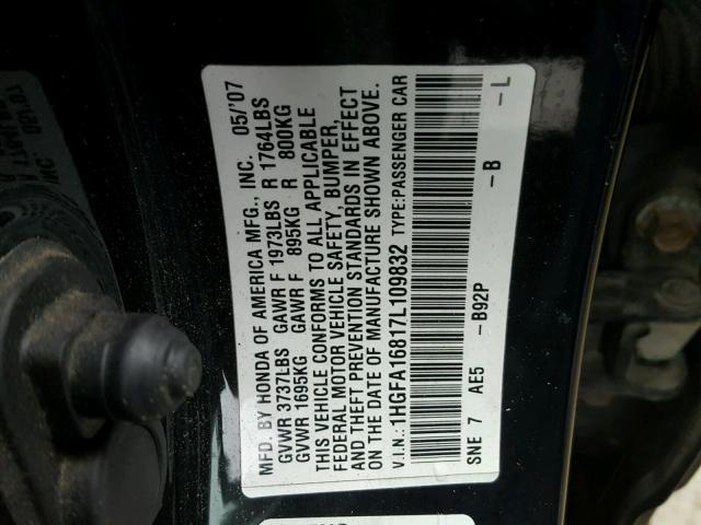 1HGFA16817L109832 - 2007 HONDA CIVIC EX შავი ფოტო 10