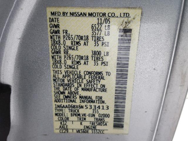 1N6AA06BX6N533413 - 2006 NISSAN TITAN XE GRAY photo 10