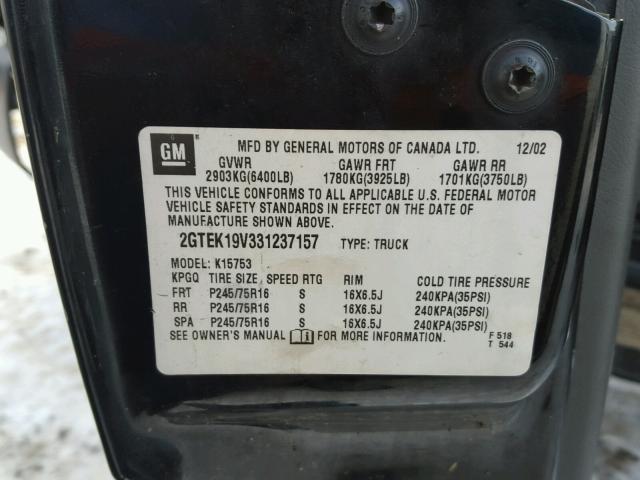 2GTEK19V331237157 - 2003 GMC NEW SIERRA BLACK photo 10