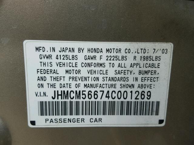 JHMCM56674C001269 - 2004 HONDA ACCORD EX GOLD photo 10