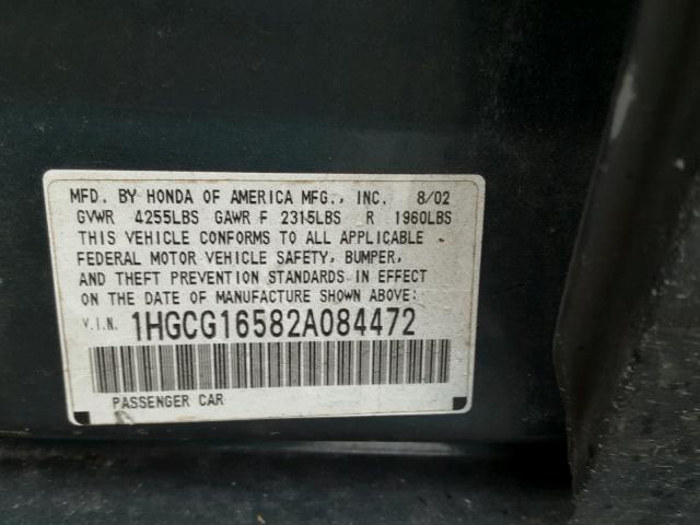 1HGCG16582A084472 - 2002 HONDA ACCORD EX GREEN photo 10