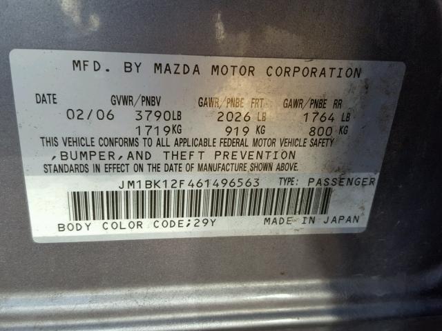 JM1BK12F461496563 - 2006 MAZDA 3 I SILVER photo 10