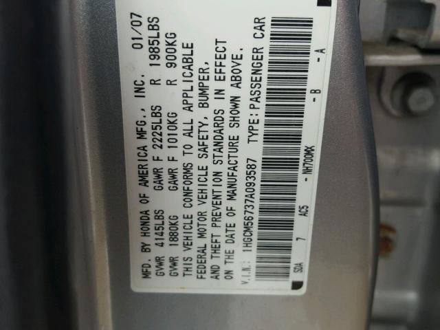 1HGCM56737A093587 - 2007 HONDA ACCORD EX SILVER photo 10