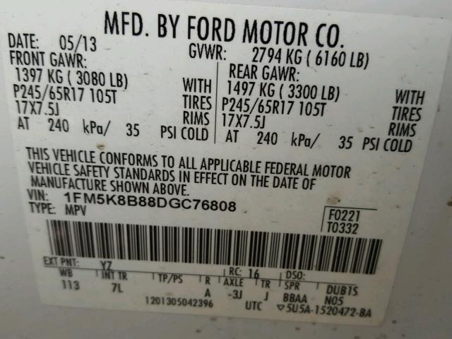 1FM5K8B88DGC76808 - 2013 FORD EXPLORER WHITE photo 10