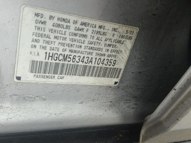 1HGCM56343A104359 - 2003 HONDA ACCORD LX SILVER photo 10