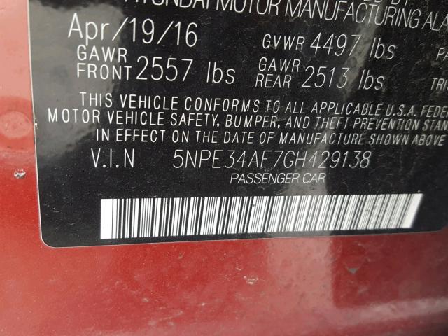 5NPE34AF7GH429138 - 2016 HYUNDAI SONATA SPO RED photo 10