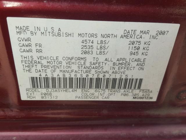 4A3AB36S07E071251 - 2007 MITSUBISHI GALANT LS BURGUNDY photo 10