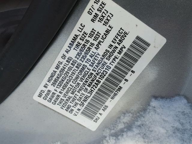 5FNRL3H72AB102310 - 2010 HONDA ODYSSEY EX GRAY photo 10