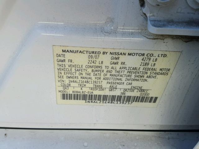 1N4AL21E48C139257 - 2008 NISSAN ALTIMA 2.5 WHITE photo 10