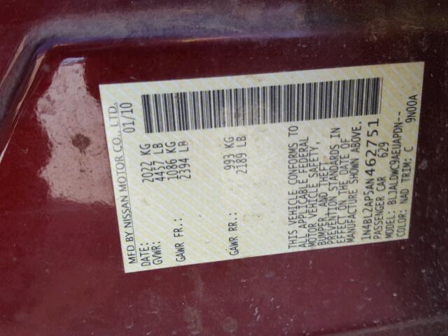 1N4BL2AP5AN462751 - 2010 NISSAN ALTIMA SR MAROON photo 10