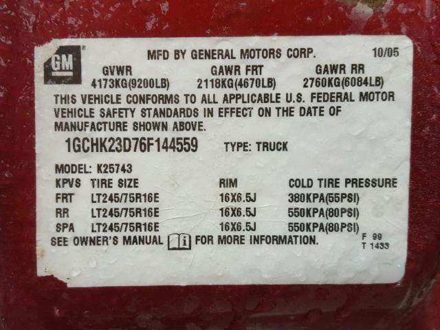 1GCHK23D76F144559 - 2006 CHEVROLET SILVERADO RED photo 10