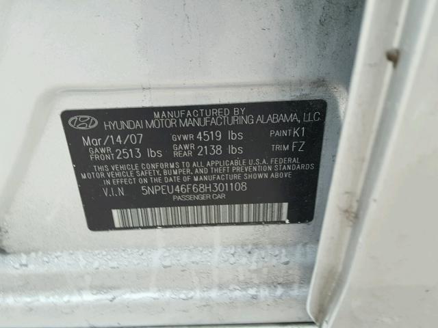 5NPEU46F68H301108 - 2008 HYUNDAI SONATA SE SILVER photo 10