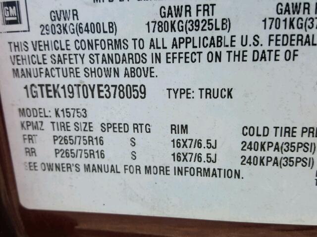 1GTEK19T0YE378059 - 2000 GMC NEW SIERRA BURGUNDY photo 10