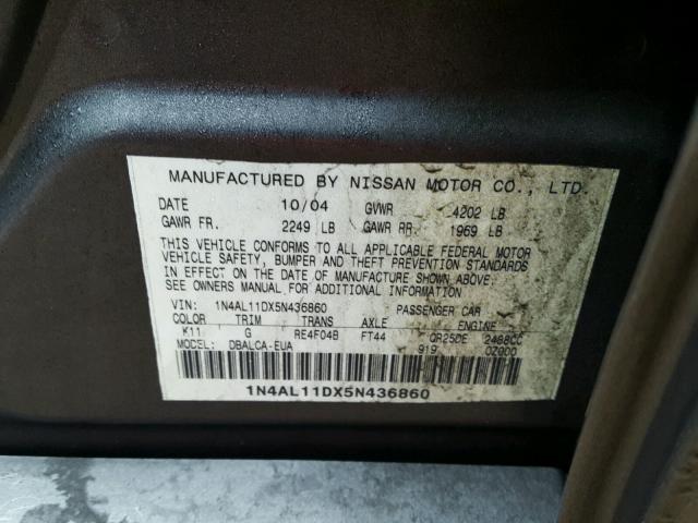 1N4AL11DX5N436860 - 2005 NISSAN ALTIMA S GRAY photo 10