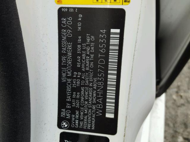 WBAHN83577DT65334 - 2007 BMW 750 WHITE photo 10