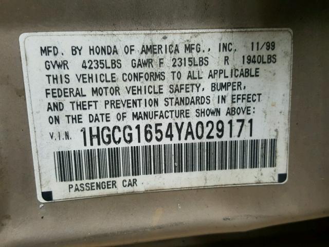 1HGCG1654YA029171 - 2000 HONDA ACCORD EX GOLD photo 10