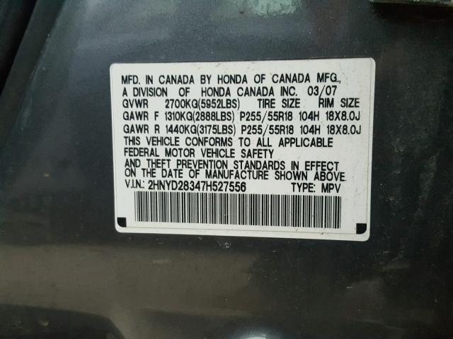 2HNYD28347H527556 - 2007 ACURA MDX TECHNO GRAY photo 10