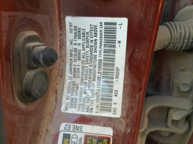 1HGFA15848L019996 - 2008 HONDA CIVIC EX BURGUNDY photo 10