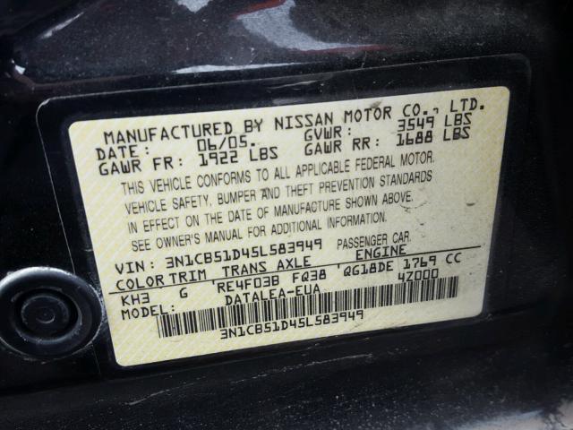 3N1CB51D45L583949 - 2005 NISSAN SENTRA 1.8 BLACK photo 10