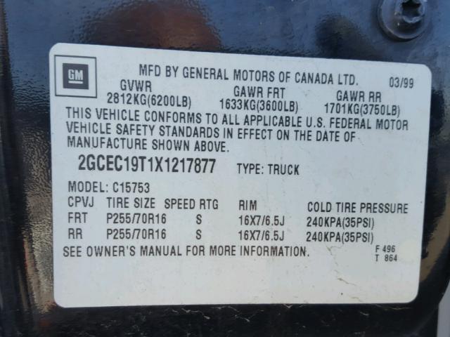 2GCEC19T1X1217877 - 1999 CHEVROLET SILVERADO 黑色 照片 10
