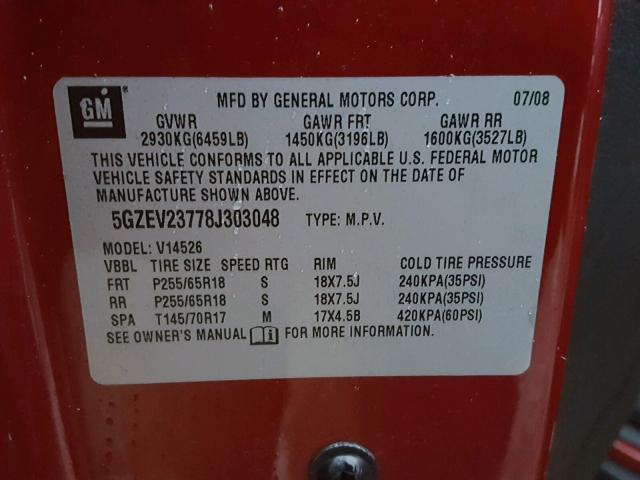 5GZEV23778J303048 - 2008 SATURN OUTLOOK XR წითელი ფოტო 10