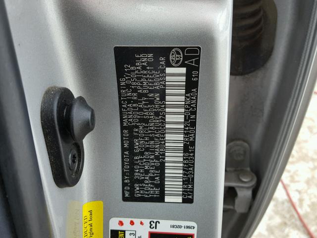 2T1BU4EE0CC775045 - 2012 TOYOTA COROLLA BA SILVER photo 10