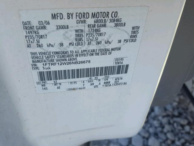 1FTRF12W26NB26675 - 2006 FORD F150 WHITE photo 10