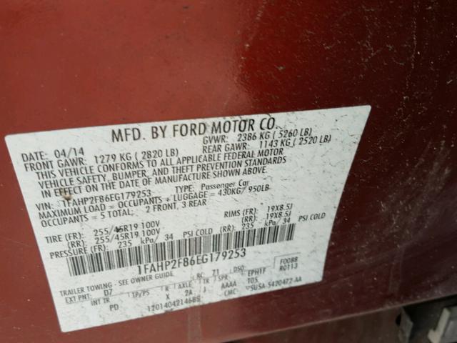 1FAHP2F86EG179253 - 2014 FORD TAURUS LIM RED photo 10