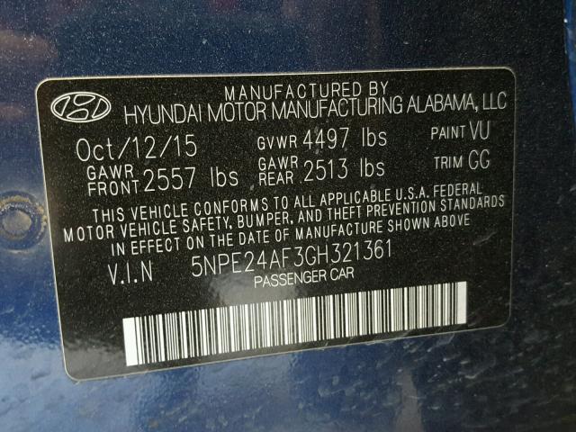 5NPE24AF3GH321361 - 2016 HYUNDAI SONATA SE BLUE photo 10