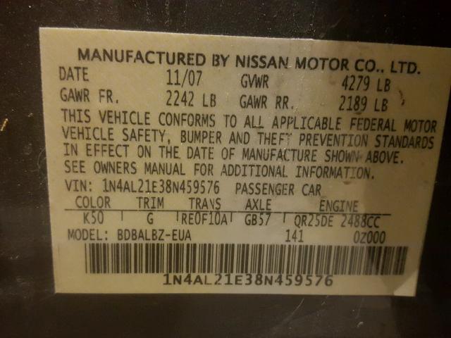 1N4AL21E38N459576 - 2008 NISSAN ALTIMA 2.5 CHARCOAL photo 10