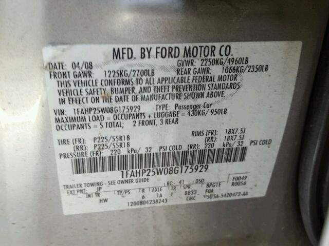 1FAHP25W08G175929 - 2008 FORD TAURUS LIM SILVER photo 10