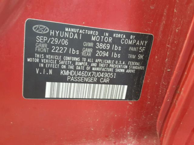 KMHDU46DX7U049051 - 2007 HYUNDAI ELANTRA GL RED photo 10