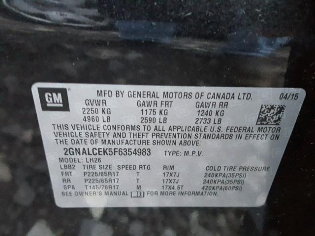 2GNALCEK5F6354983 - 2015 CHEVROLET EQUINOX LT BLACK photo 10