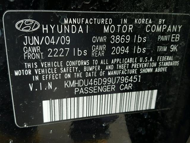 KMHDU46D99U796451 - 2009 HYUNDAI ELANTRA GL BLACK photo 10