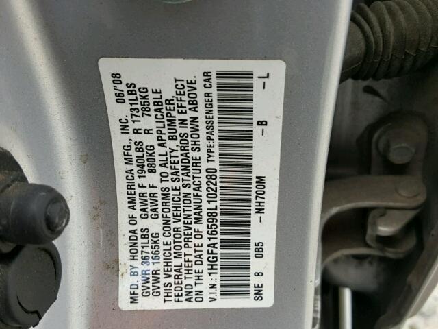 1HGFA16598L102280 - 2008 HONDA CIVIC LX SILVER photo 10