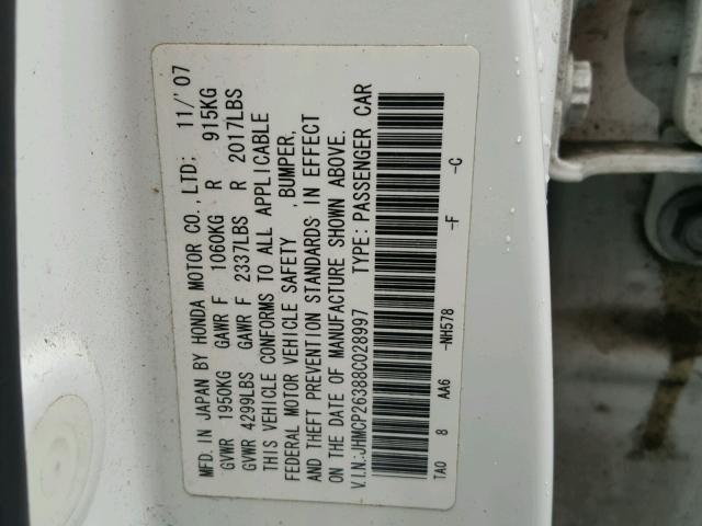 JHMCP26388C028997 - 2008 HONDA ACCORD LX WHITE photo 10