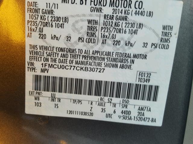 1FMCU0C77CKB30727 - 2012 FORD ESCAPE XLS GRAY photo 10