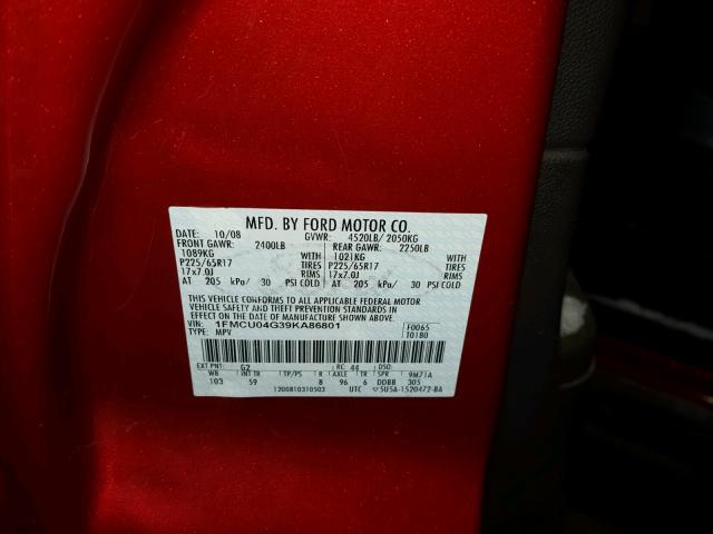 1FMCU04G39KA86801 - 2009 FORD ESCAPE LIM RED photo 10