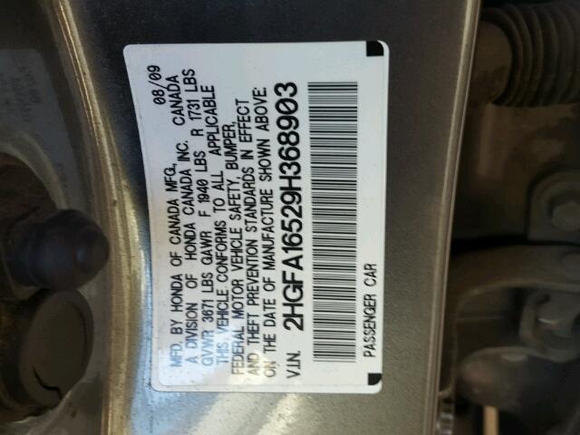 2HGFA16529H368903 - 2009 HONDA CIVIC LX GRAY photo 10