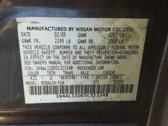 1N4AL11D05C323348 - 2005 NISSAN ALTIMA S CHARCOAL photo 10