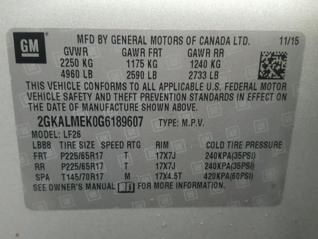 2GKALMEK0G6189607 - 2016 GMC TERRAIN SL SILVER photo 10