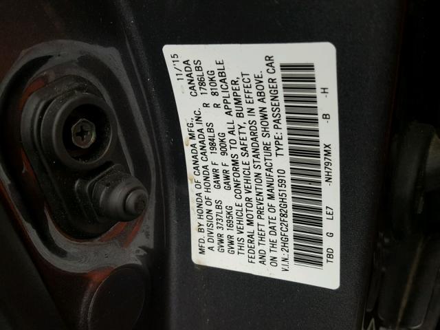 2HGFC2F82GH515910 - 2016 HONDA CIVIC EX GRAY photo 10