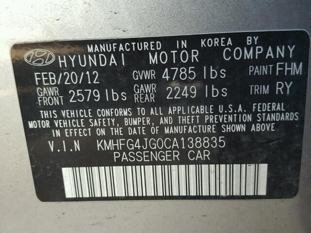 KMHFG4JG0CA138835 - 2012 HYUNDAI AZERA GLS SILVER photo 10