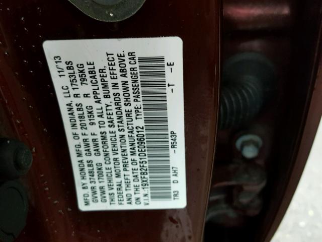 19XFB2F51DE096012 - 2013 HONDA CIVIC LX BURGUNDY photo 10