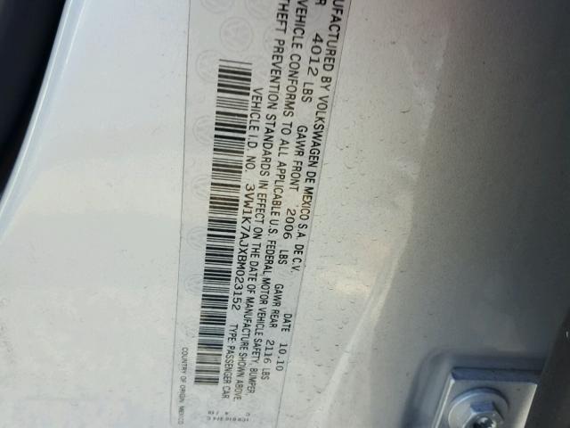 3VW1K7AJXBM023152 - 2011 VOLKSWAGEN JETTA BASE 银色 照片 10