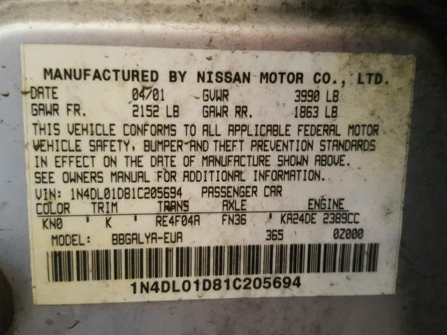 1N4DL01D81C205694 - 2001 NISSAN ALTIMA XE SILVER photo 10